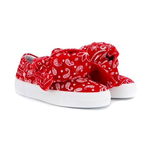 JOSHUA SANDERS Wool Felt Sneakers with large tied bow Size 8 red bandana print - Picture 2 of 8